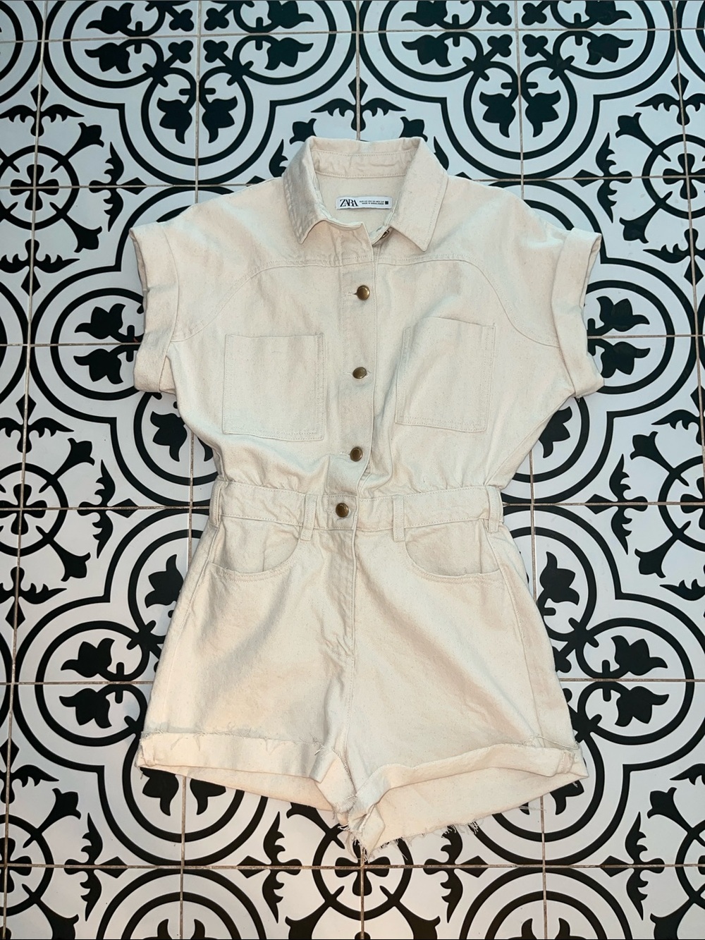 Zara Cream Short-Sleeve Denim Romper XS Never Worn